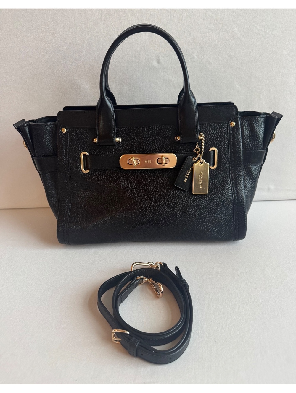 Coach Swagger Carryall 34408 Black Pebbled Leather Satchel Gold Hardware